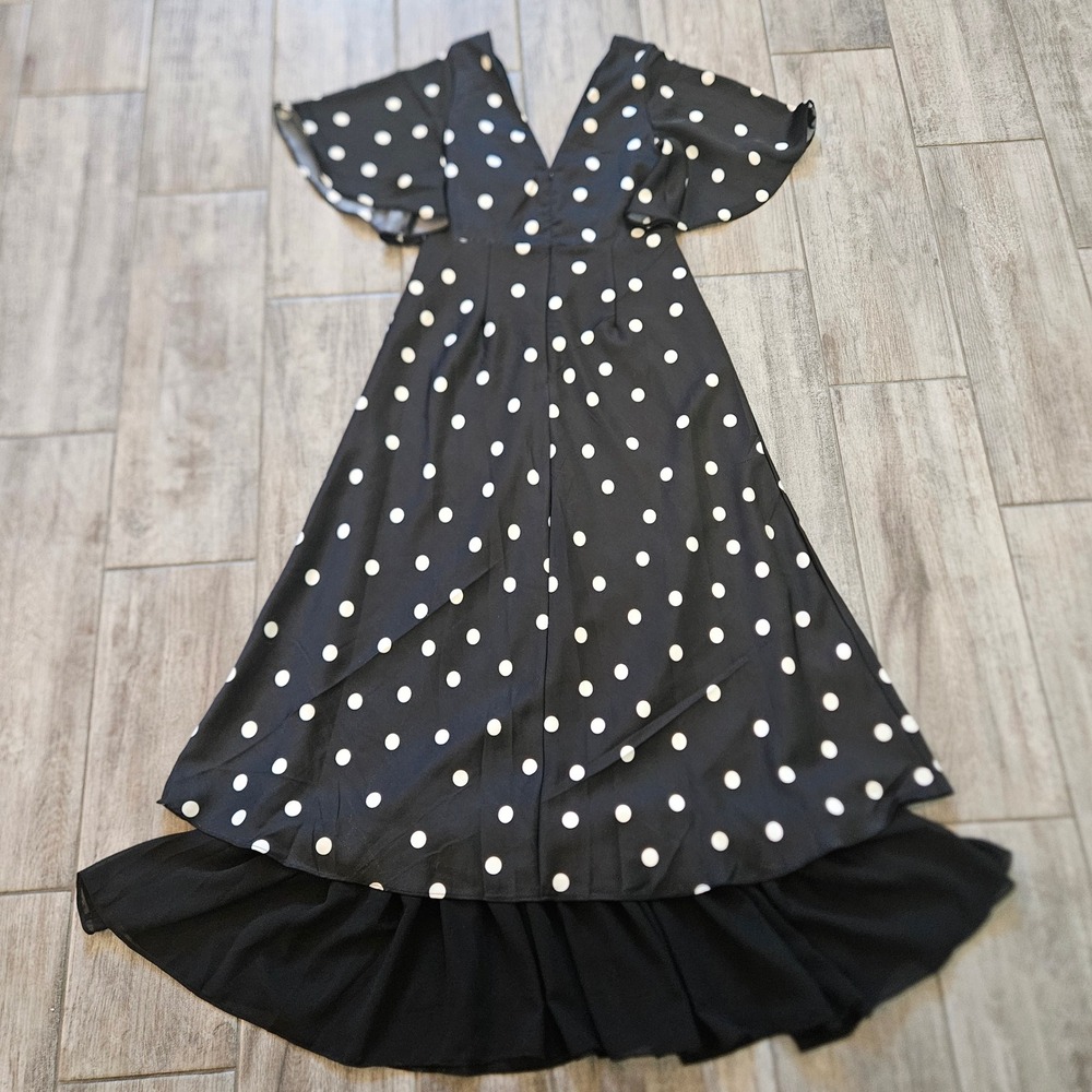 En Saison Floretta Polka Dot Dress Size S Black Flutter Sleeve Midi Retro Pinup - Picture 6 of 10